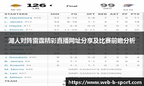 湖人对阵雷霆精彩直播网址分享及比赛前瞻分析